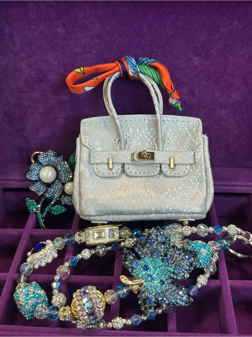 icy dotted mini bag charm + rhinestone flower & leaf bundle